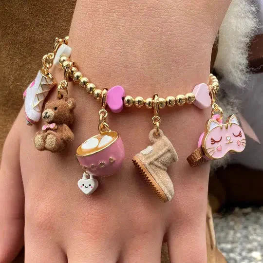 Gold Bead Pink Heart Stretch Bracelet - Image 2